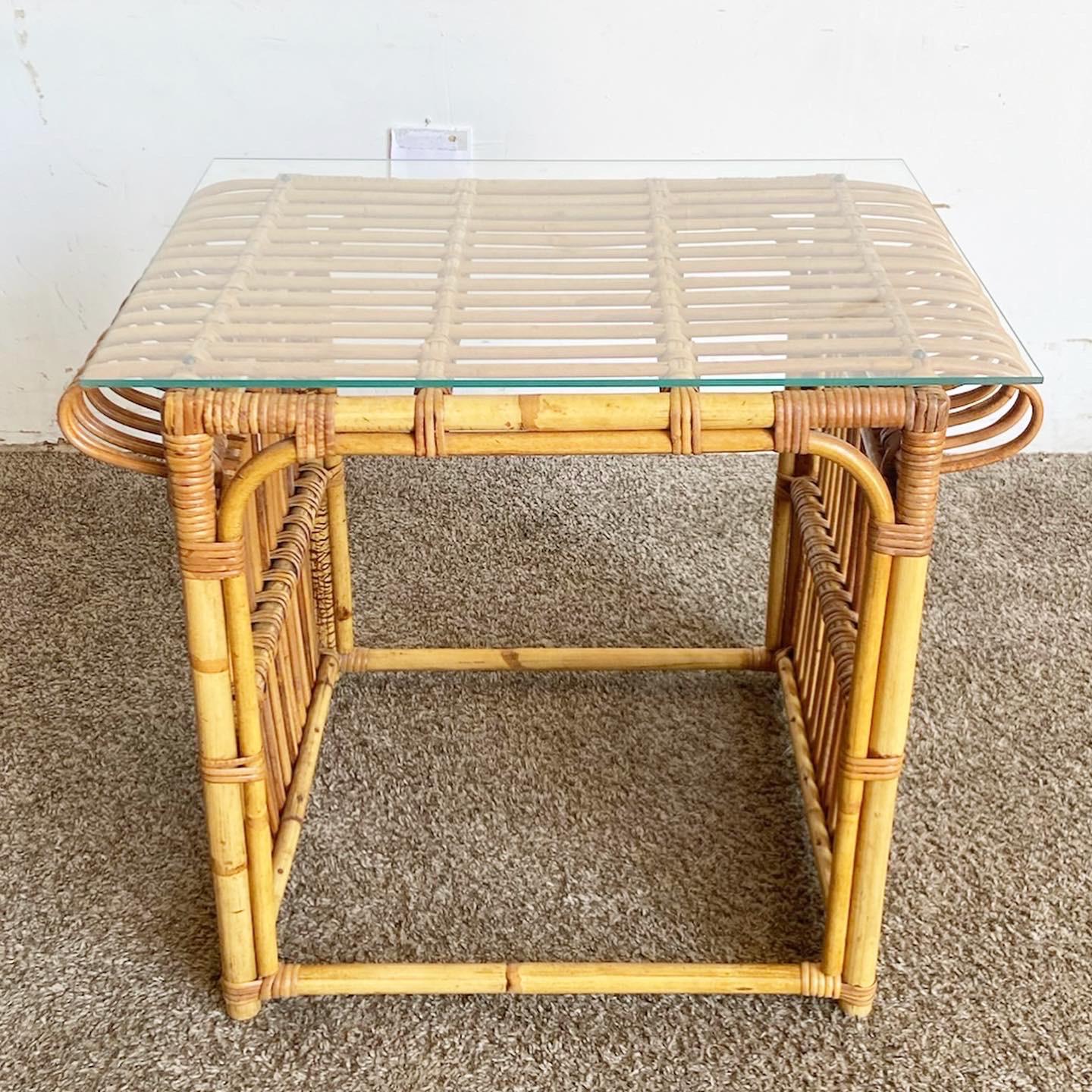 Bohemian Boho Chic Bamboo Glass Top Side Table For Sale
