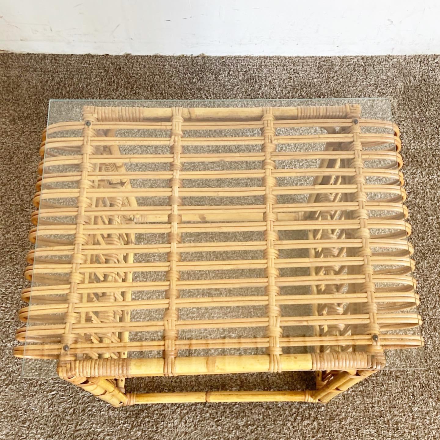 Boho Chic Bamboo Glass Top Side Table In Good Condition For Sale In Delray Beach, FL