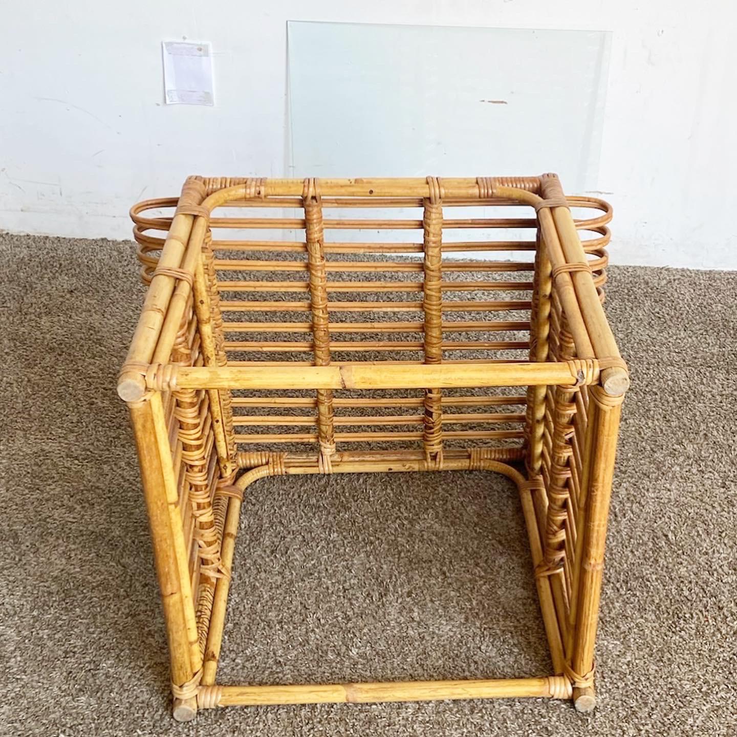 20th Century Boho Chic Bamboo Glass Top Side Table For Sale