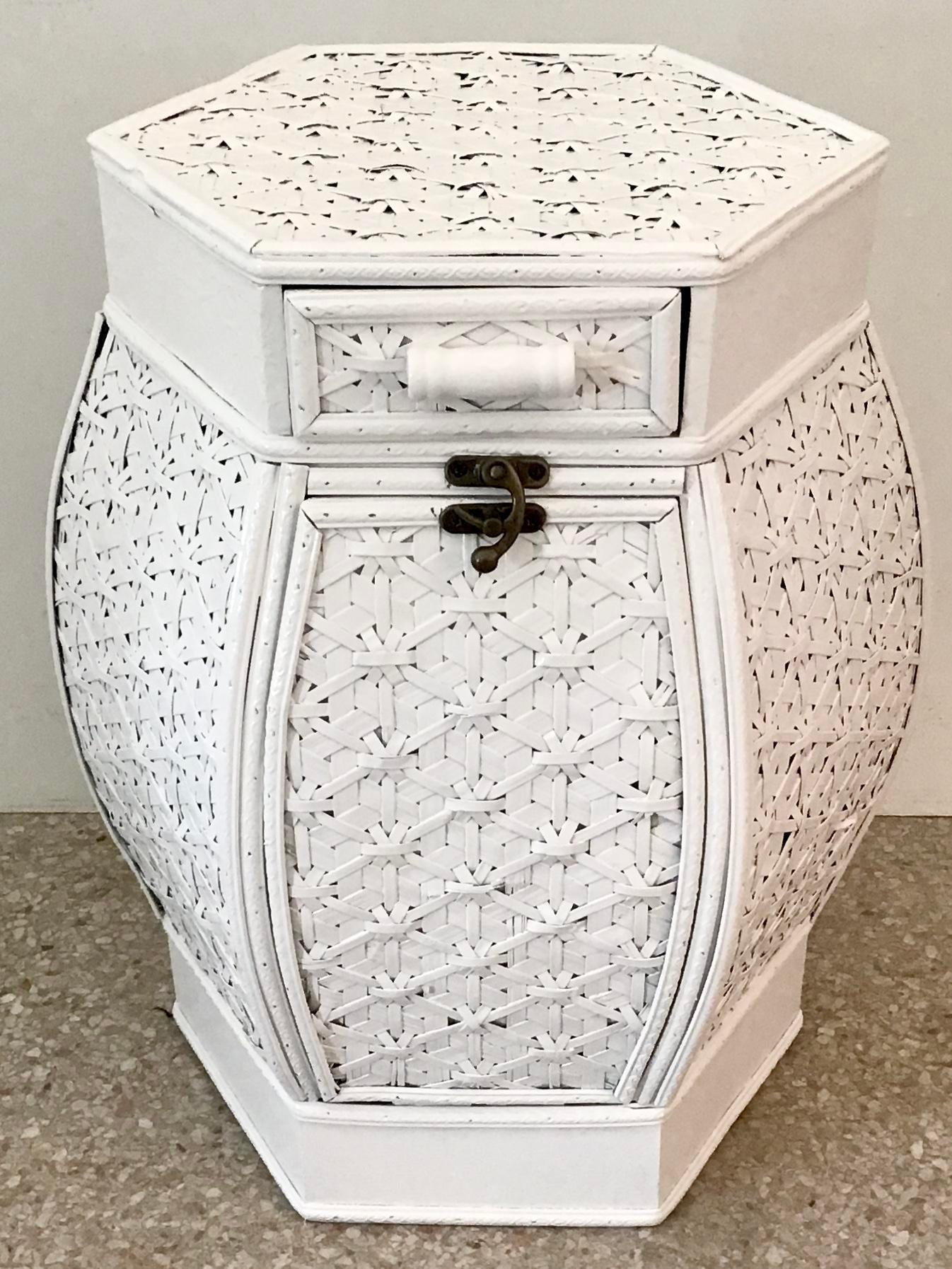 Boho Chic Bamboo Hexagonal Side Table with Storage In Good Condition For Sale In Los Angeles, CA