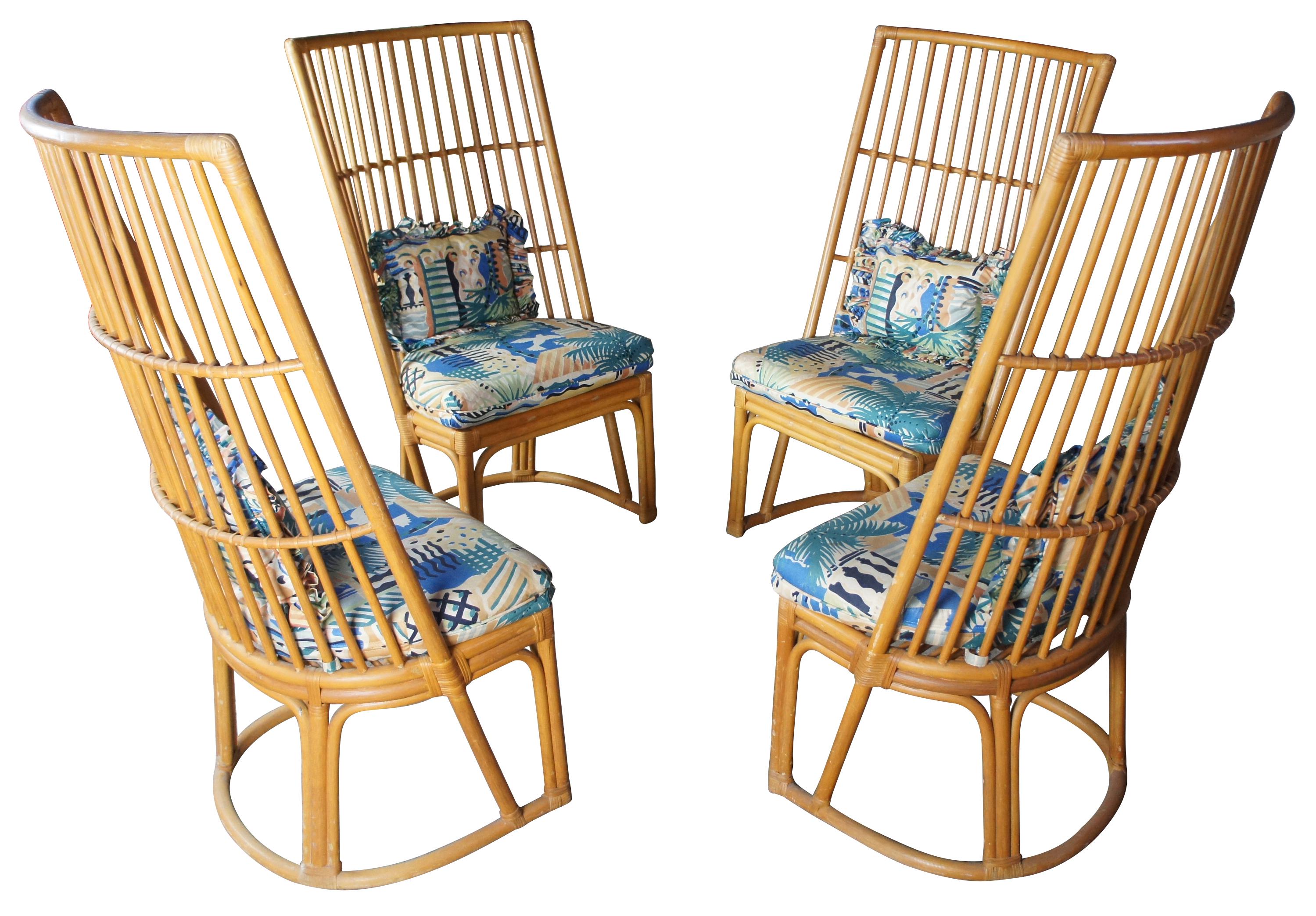 Boho chic bamboo highback chairs Bohemian rattan 1970s Mid-Century Modern 51

Amazing set of four bamboo boho chic chairs. Feature a wrap around bentwood back with rattan accents. Upholstered with lower back cushion. 

 