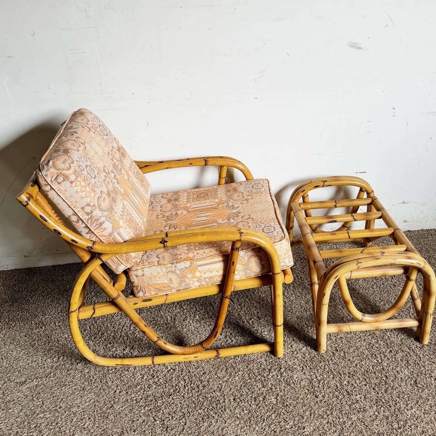 Late 20th Century Boho Chic Bamboo Lounge Chair With Ottoman For Sale