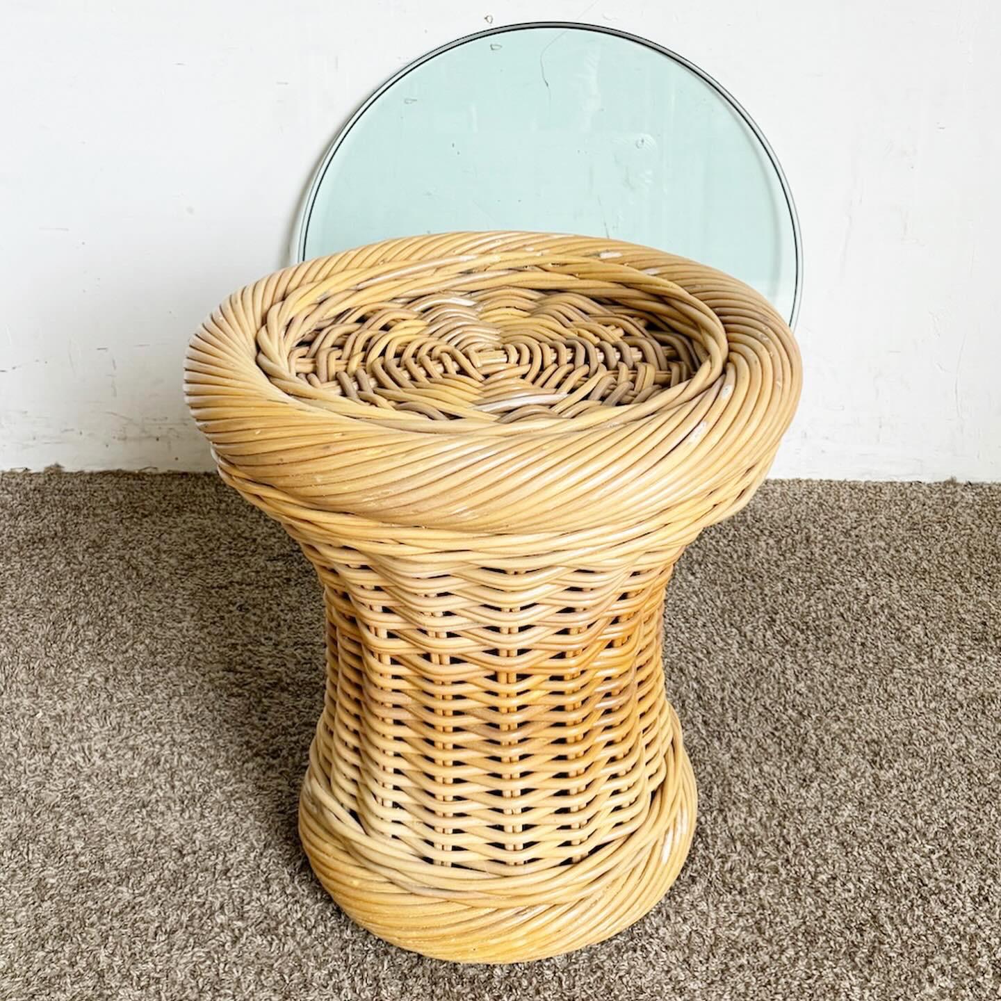 Boho Chic Bamboo Pencil Reed Wicker Glass Top Side Table For Sale 2
