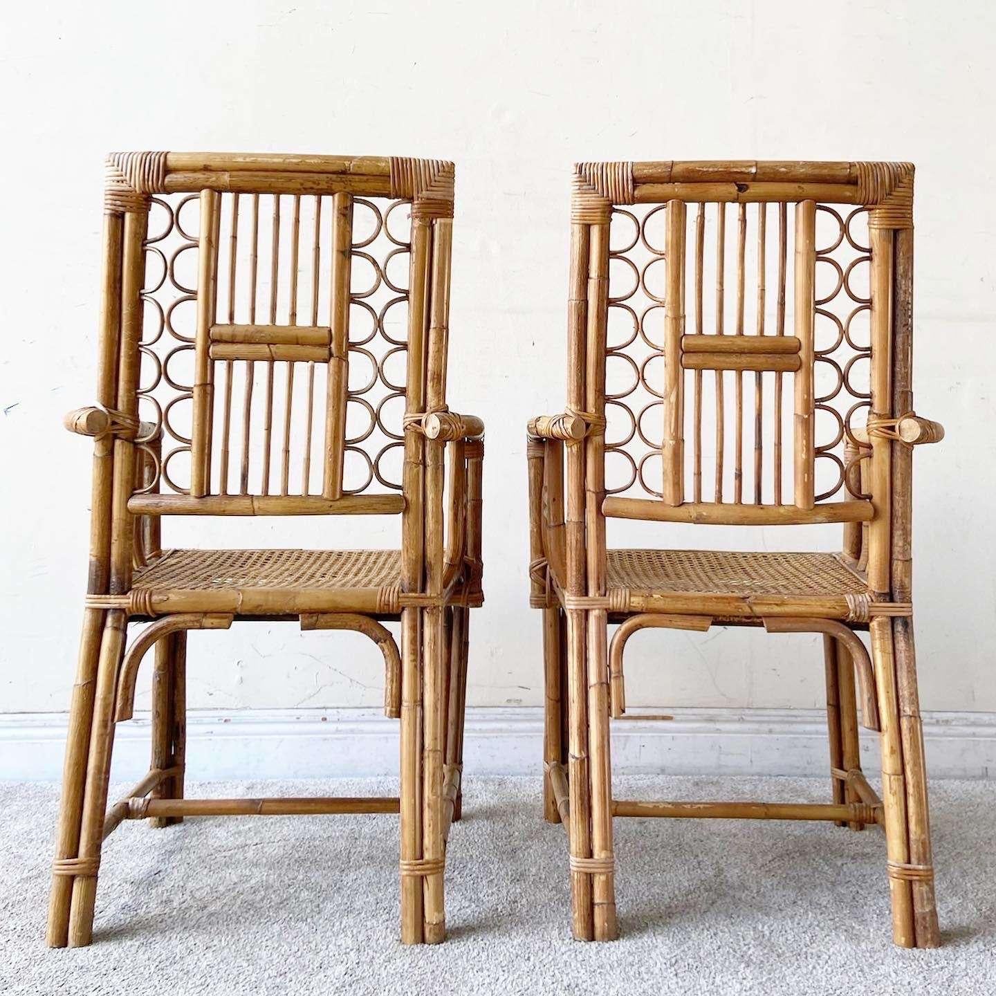 Boho Chic Bamboo Rattan and Cane Dining Chairs Attributed to Brighton - a Pair For Sale 2