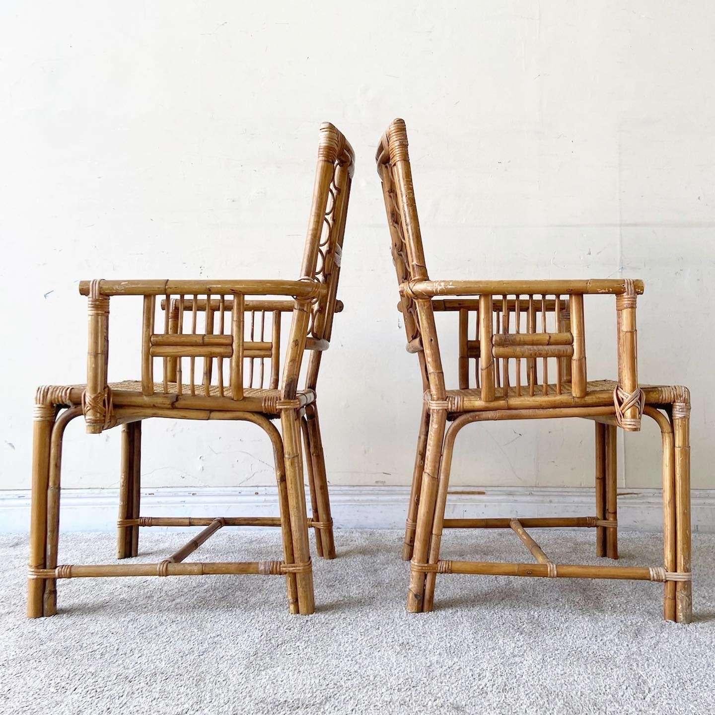 Boho Chic Bamboo Rattan and Cane Dining Chairs Attributed to Brighton - a Pair For Sale 3