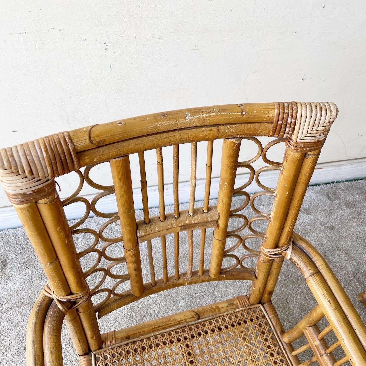 Boho Chic Bamboo Rattan and Cane Dining Chairs Attributed to Brighton - a Pair For Sale 4