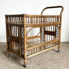 Boho Chic Bamboo Rattan and Glass Two-Tier Bar Cart