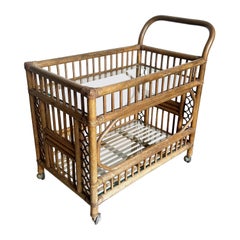 Boho Chic Bamboo Rattan and Glass Two-Tier Bar Cart