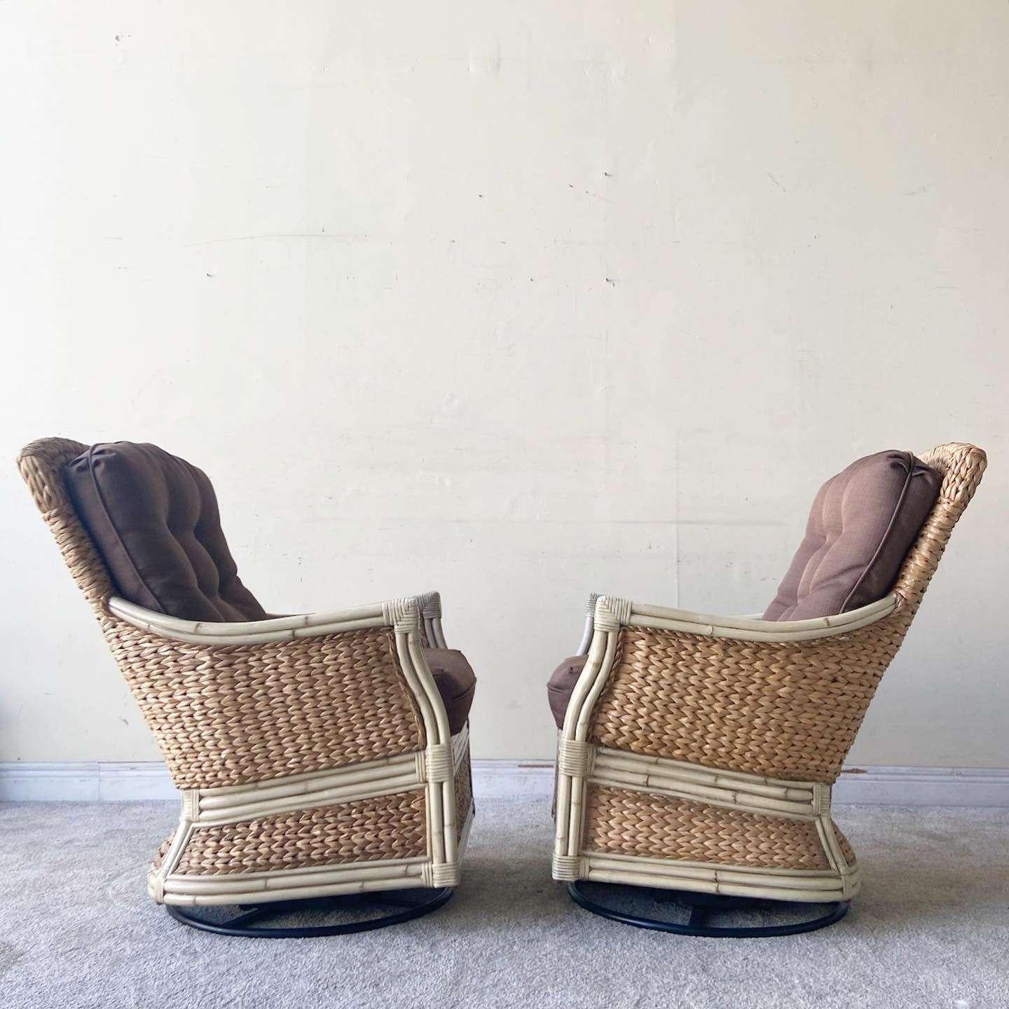 Philippine Boho Chic Bamboo Rattan and Sea Grass Rocking Swivel Chairs For Sale