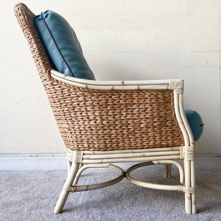 Boho Chic Bamboo Rattan and Seagrass Lounge Chair with Ottoman For Sale