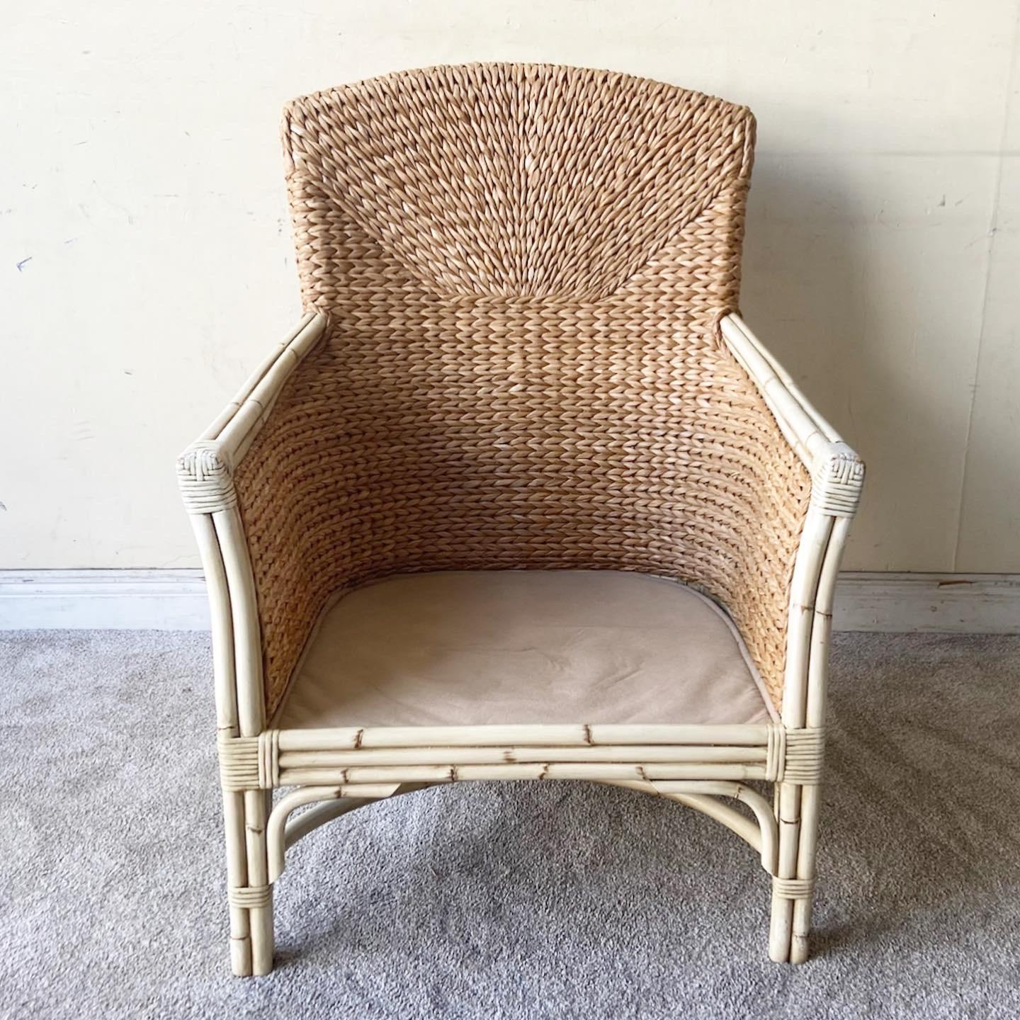 Bohemian Boho Chic Bamboo Rattan and Seagrass Lounge Chair with Ottoman For Sale