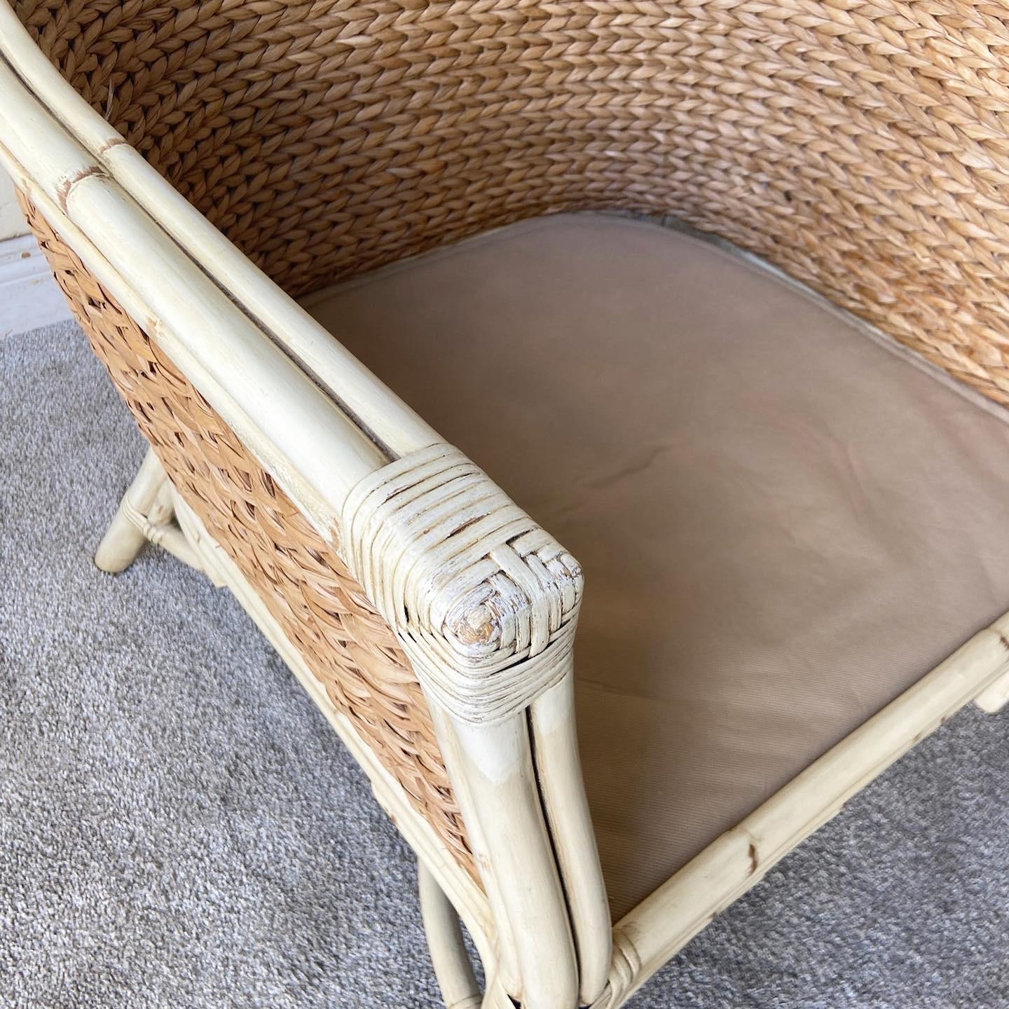 Boho Chic Bamboo Rattan and Seagrass Lounge Chair with Ottoman In Good Condition For Sale In Delray Beach, FL