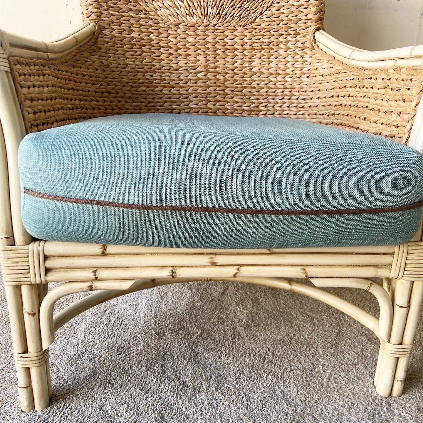 Late 20th Century Boho Chic Bamboo Rattan and Seagrass Lounge Chair with Ottoman For Sale