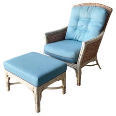 Retro Boho Chic Bamboo Rattan and Seagrass Lounge Chair with Ottoman