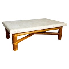 Vintage Boho Chic Bamboo Rattan and Tessellated Stone Top Coffee Table