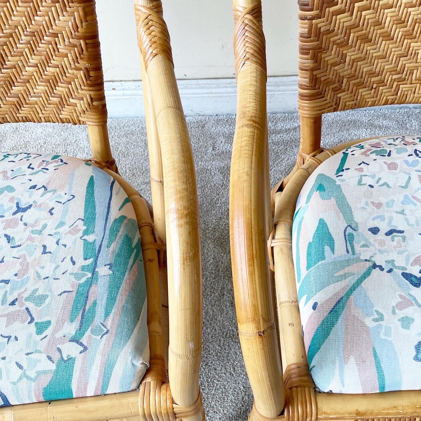 Boho Chic Bamboo Rattan and Wicker Arm Chairs In Good Condition For Sale In Delray Beach, FL