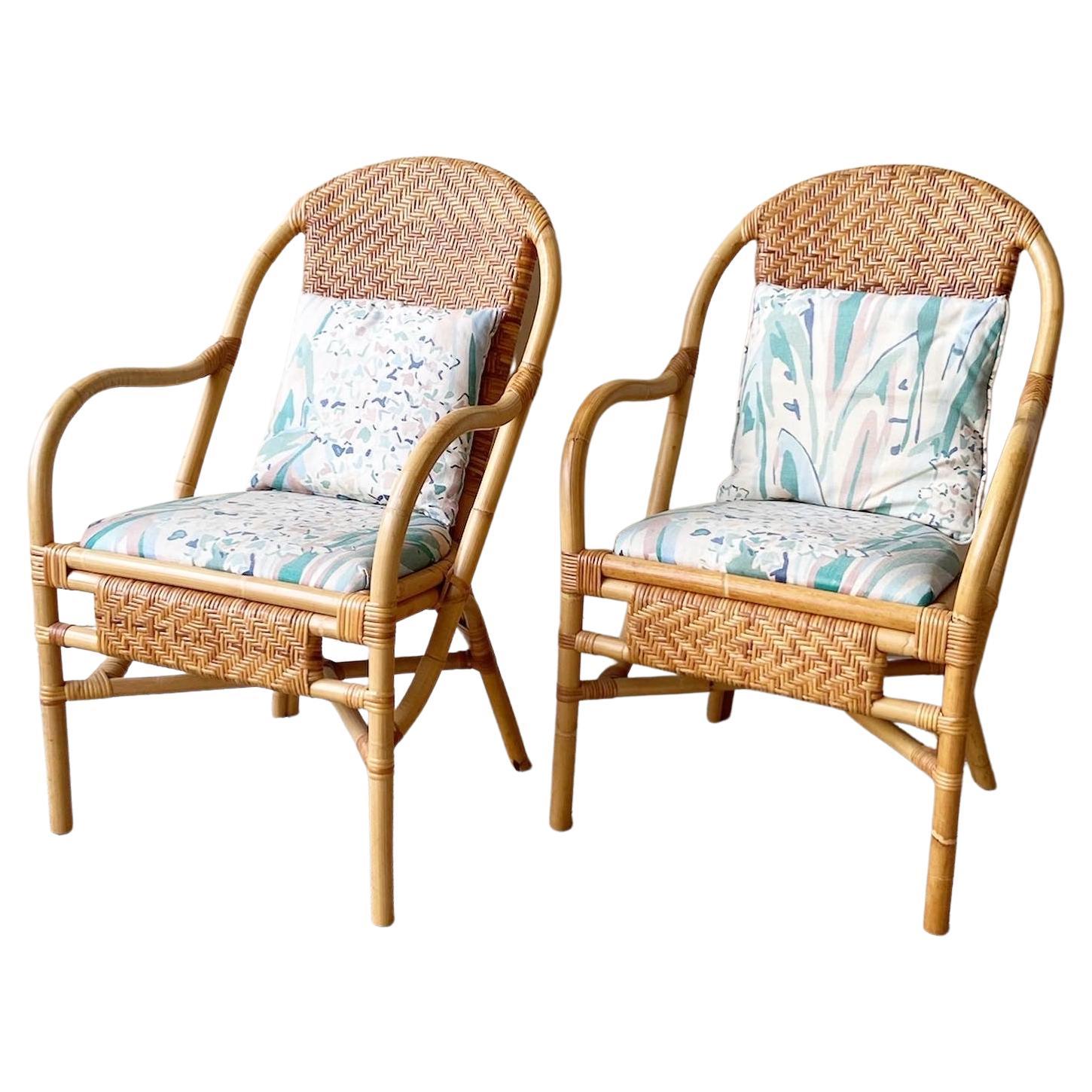 Boho Chic Bamboo Rattan and Wicker Arm Chairs For Sale