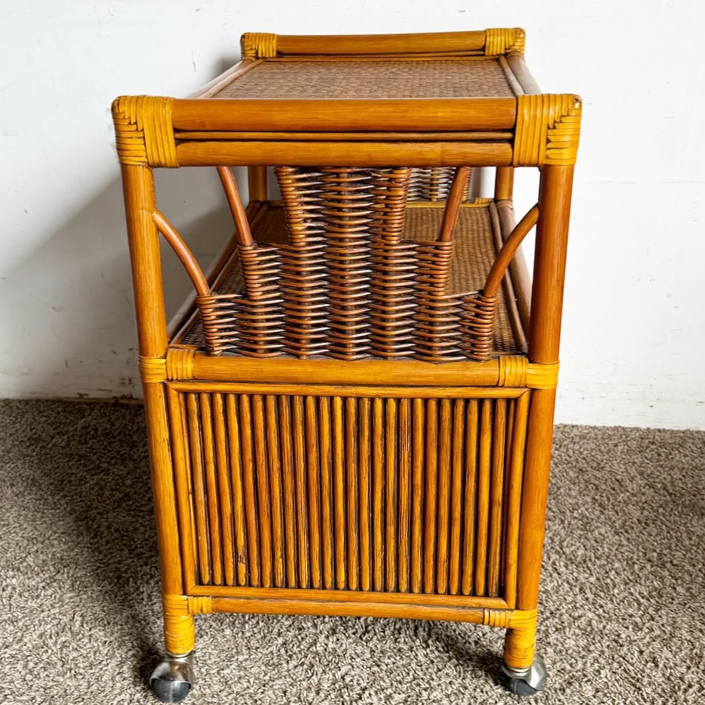 20th Century Boho Chic Bamboo Rattan and Wicker Bar Cart For Sale