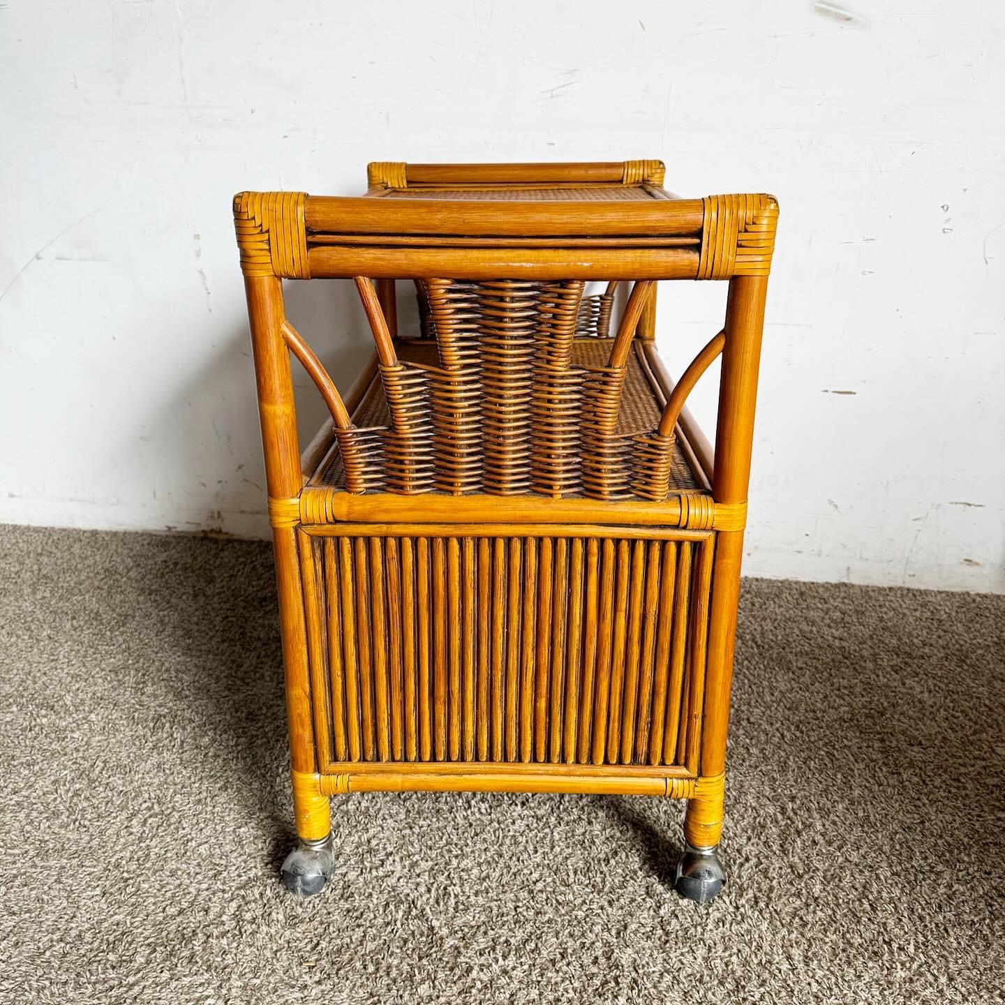 Boho Chic Bamboo Rattan and Wicker Bar Cart For Sale 2