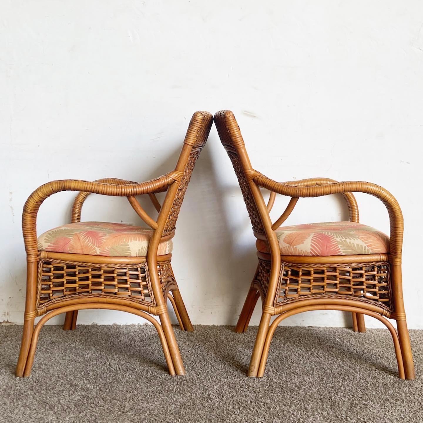 Boho Chic Bamboo Rattan and Wicker Dining Arm Chairs In Good Condition For Sale In Delray Beach, FL