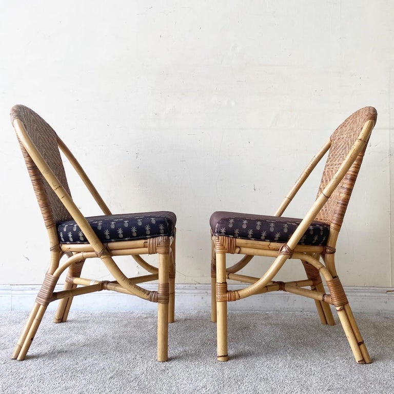 Boho Chic Bamboo Rattan and Wicker Dining Chairs Set of 4 For Sale at