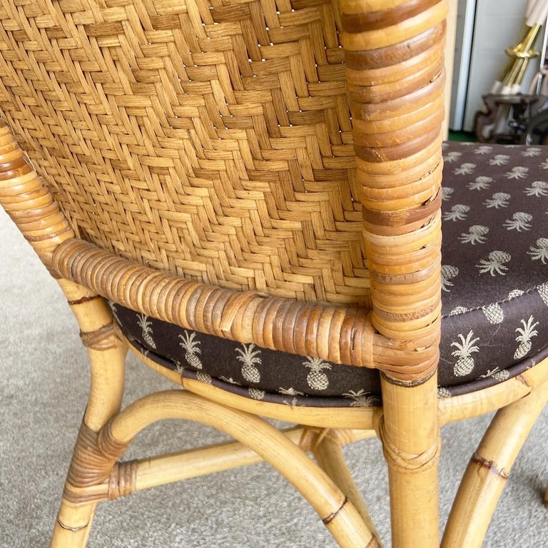 Boho Chic Bamboo Rattan and Wicker Dining Chairs Set of 4 For Sale at