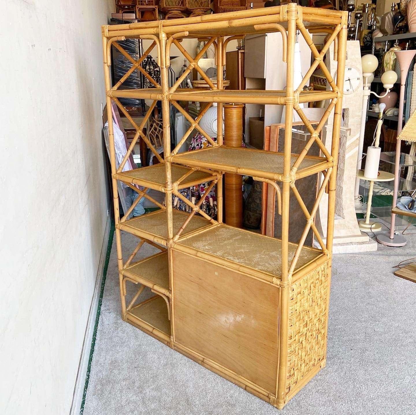 Boho Chic Bamboo Rattan and Wicker Etagere/Bookcase For Sale 1