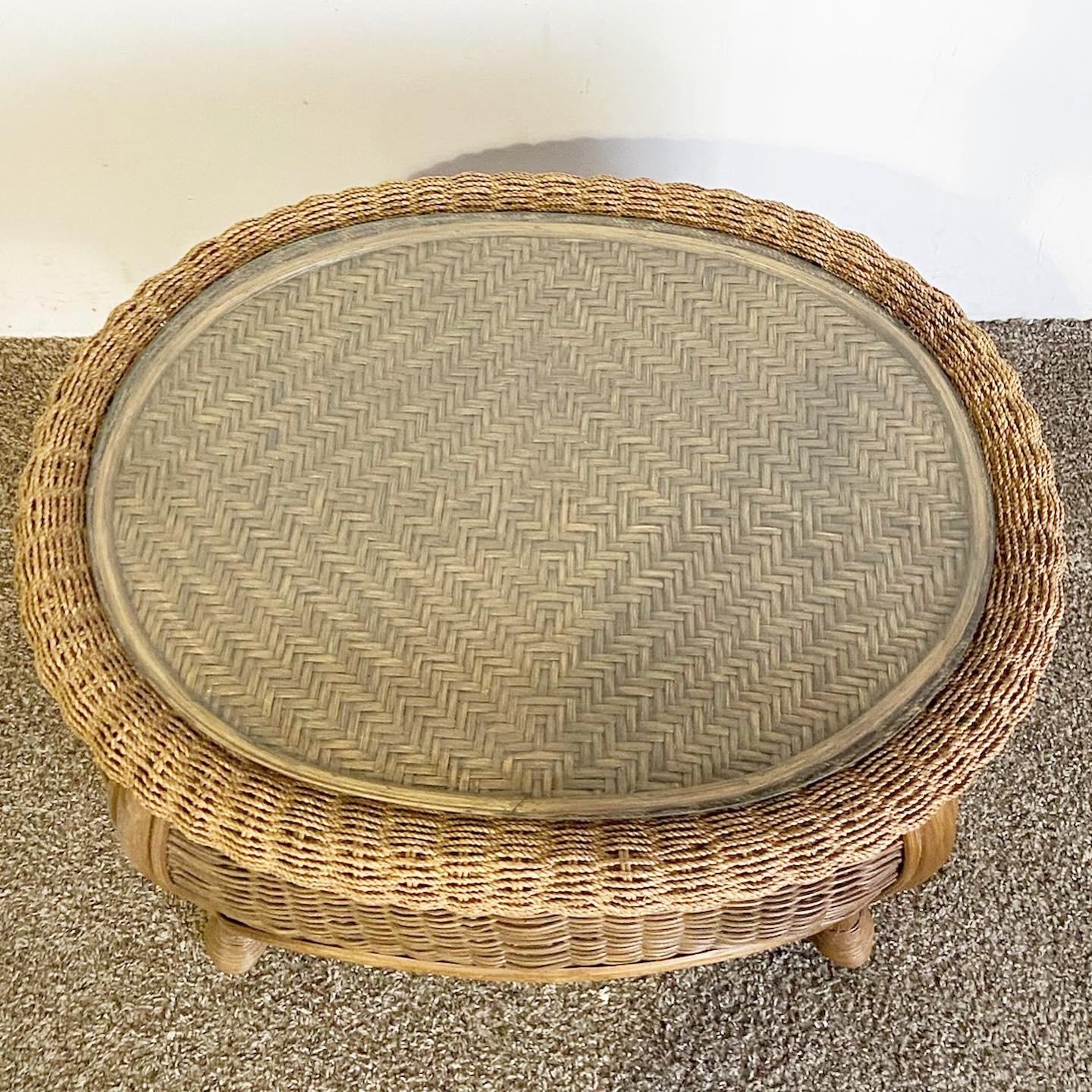 Bohemian Boho Chic Bamboo Rattan and Wicker Glass Top Side Table For Sale