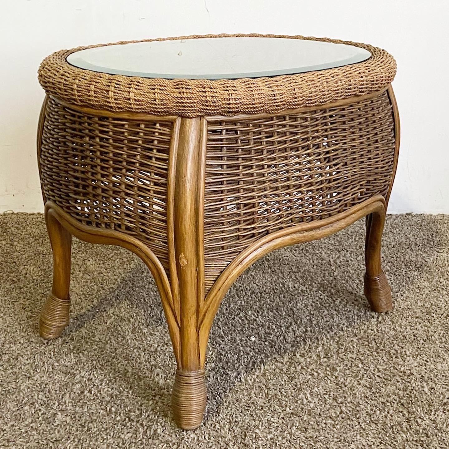 Indonesian Boho Chic Bamboo Rattan and Wicker Glass Top Side Table For Sale