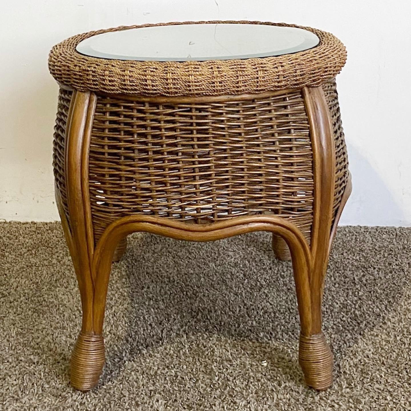 Boho Chic Bamboo Rattan and Wicker Glass Top Side Table In Good Condition For Sale In Delray Beach, FL