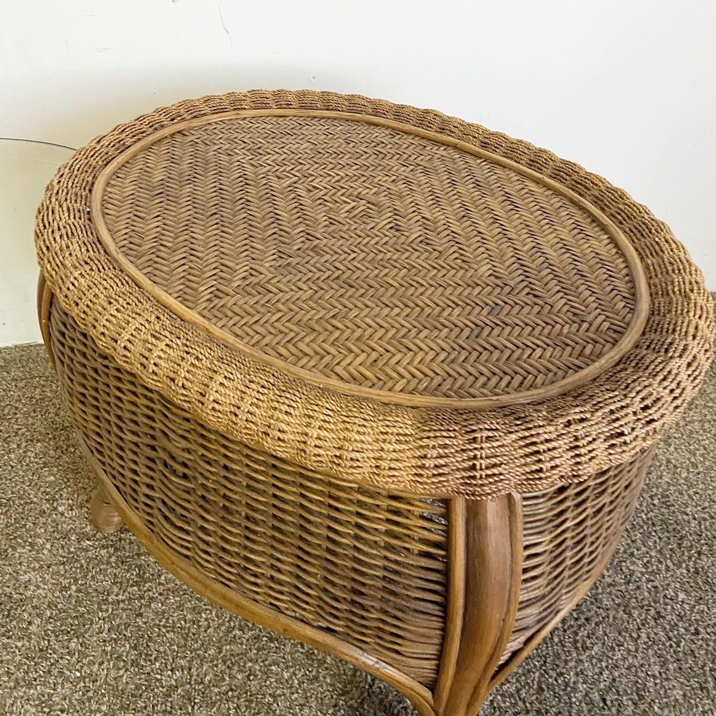 Late 20th Century Boho Chic Bamboo Rattan and Wicker Glass Top Side Table For Sale