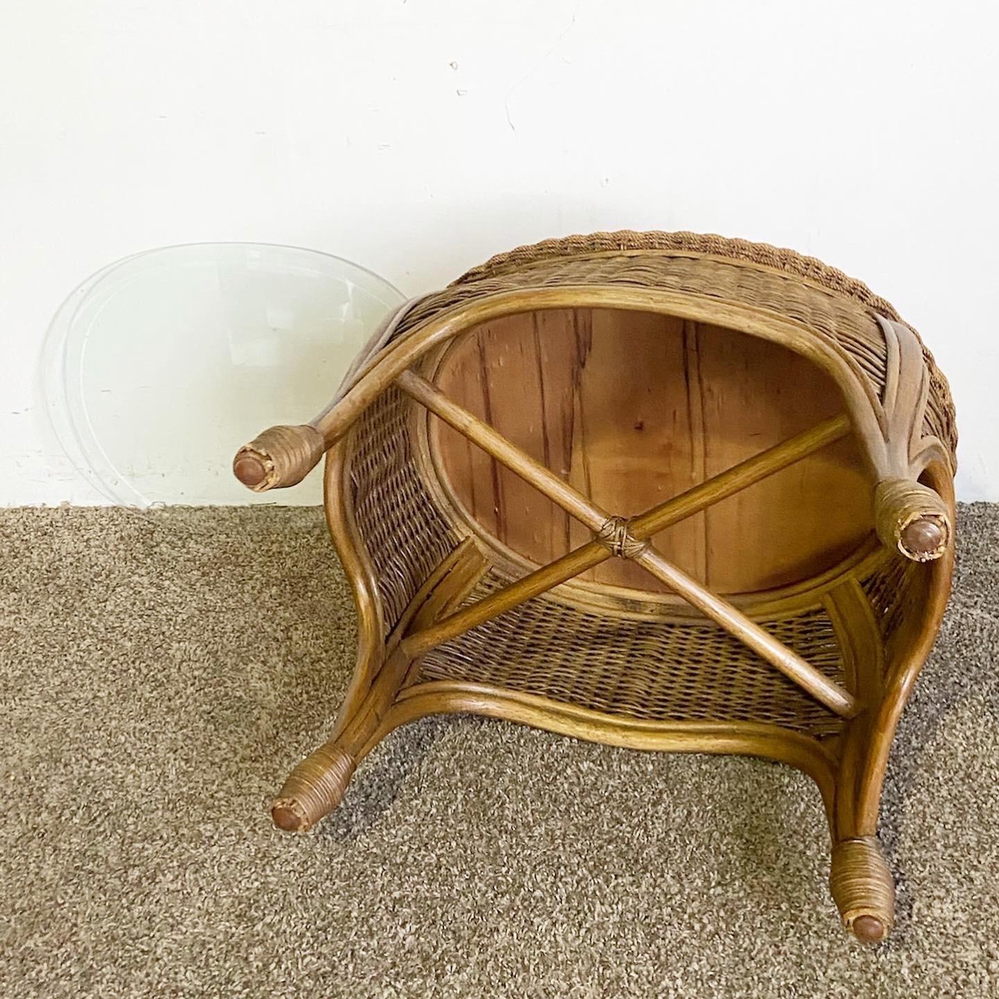 Boho Chic Bamboo Rattan and Wicker Glass Top Side Table For Sale 1