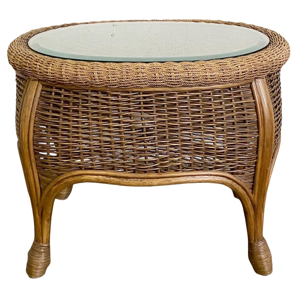 Boho Chic Bamboo Rattan and Wicker Glass Top Side Table For Sale