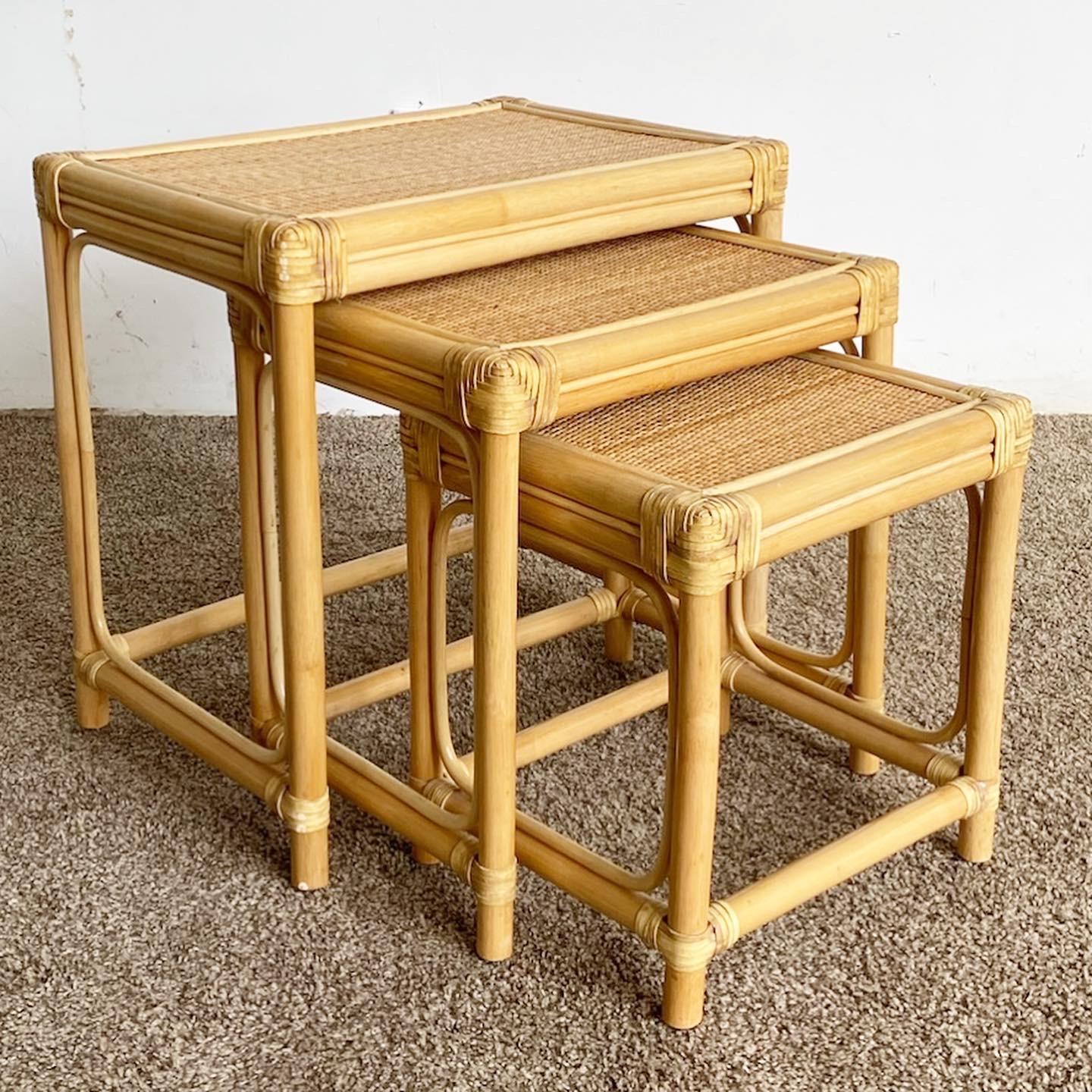 Boho Chic Bamboo Rattan and Wicker Nesting Tables, Set of 3 For Sale 6