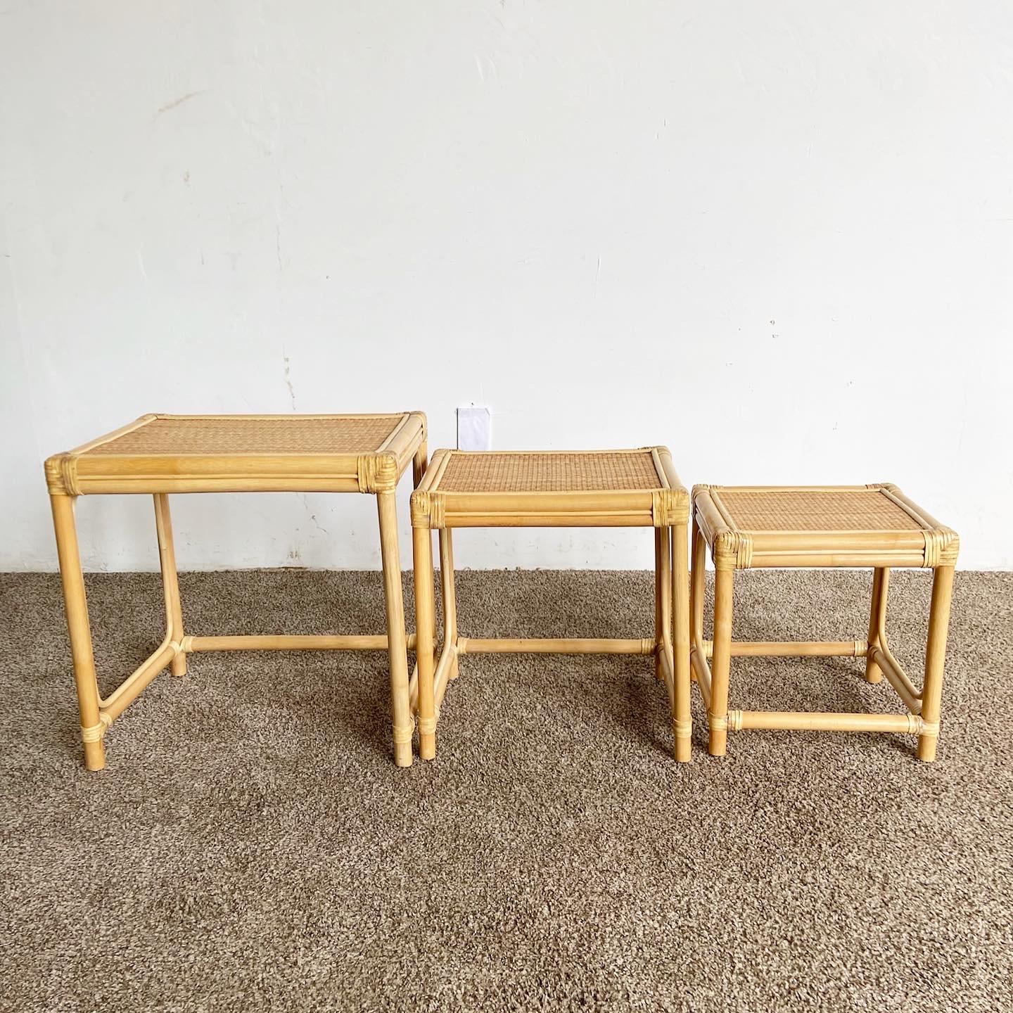 Boho Chic Bamboo Rattan and Wicker Nesting Tables - Set of 3 In Good Condition For Sale In Delray Beach, FL