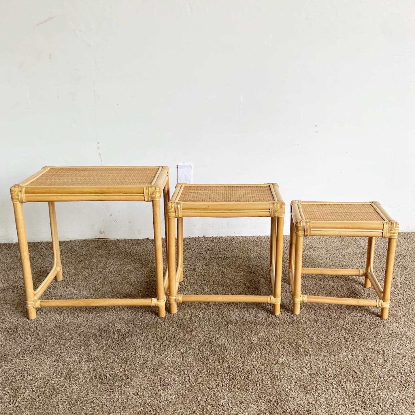 Late 20th Century Boho Chic Bamboo Rattan and Wicker Nesting Tables, Set of 3 For Sale