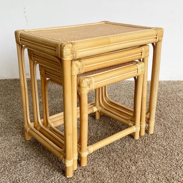 Boho Chic Bamboo Rattan and Wicker Nesting Tables Set of 3 For Sale at 1stDibs