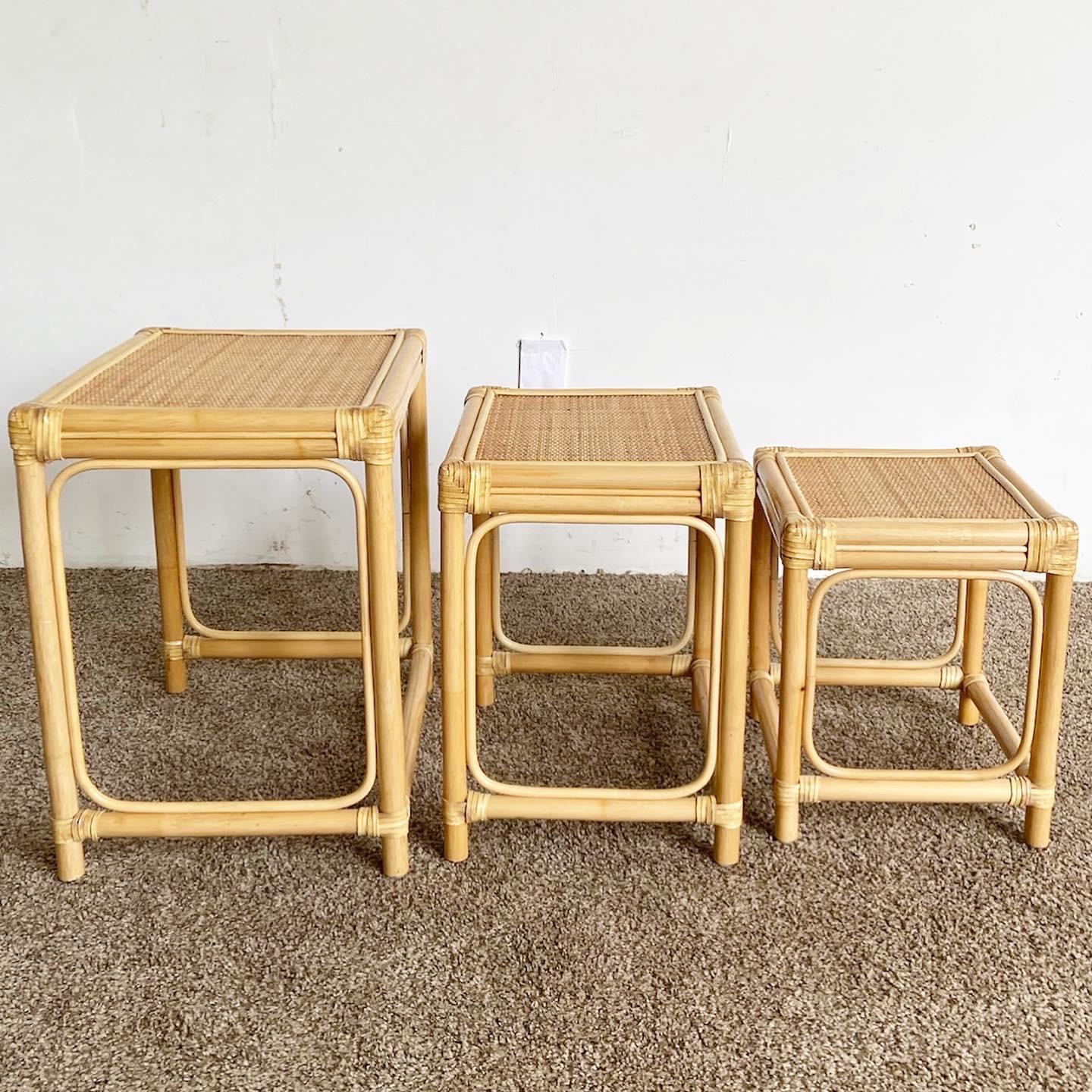 Boho Chic Bamboo Rattan and Wicker Nesting Tables, Set of 3 For Sale 2