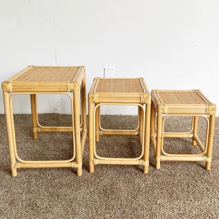 Boho Chic Bamboo Rattan and Wicker Nesting Tables Set of 3 For Sale