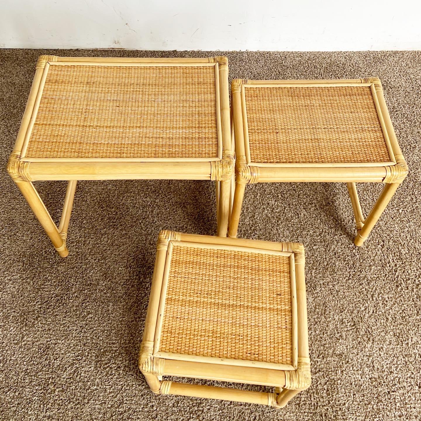 Boho Chic Bamboo Rattan and Wicker Nesting Tables, Set of 3 For Sale 3