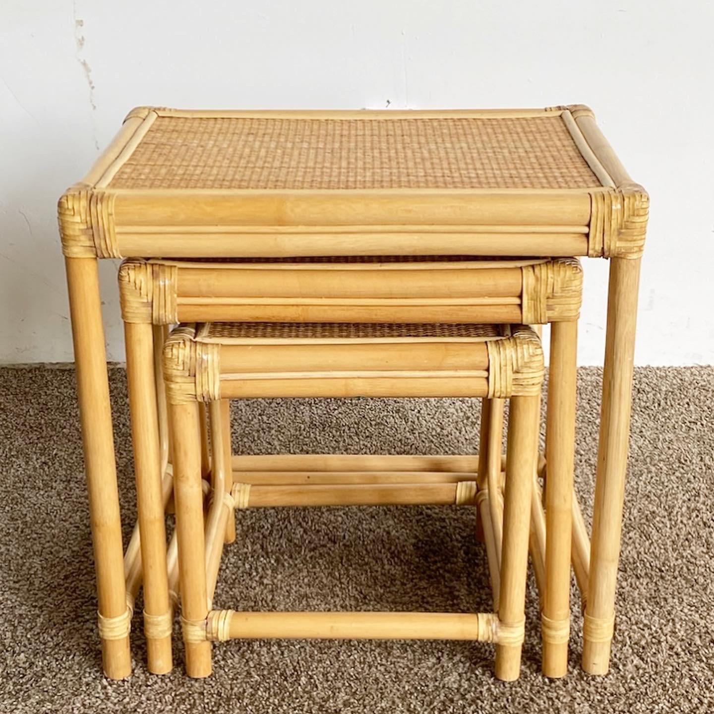 Boho Chic Bamboo Rattan and Wicker Nesting Tables, Set of 3 For Sale 4