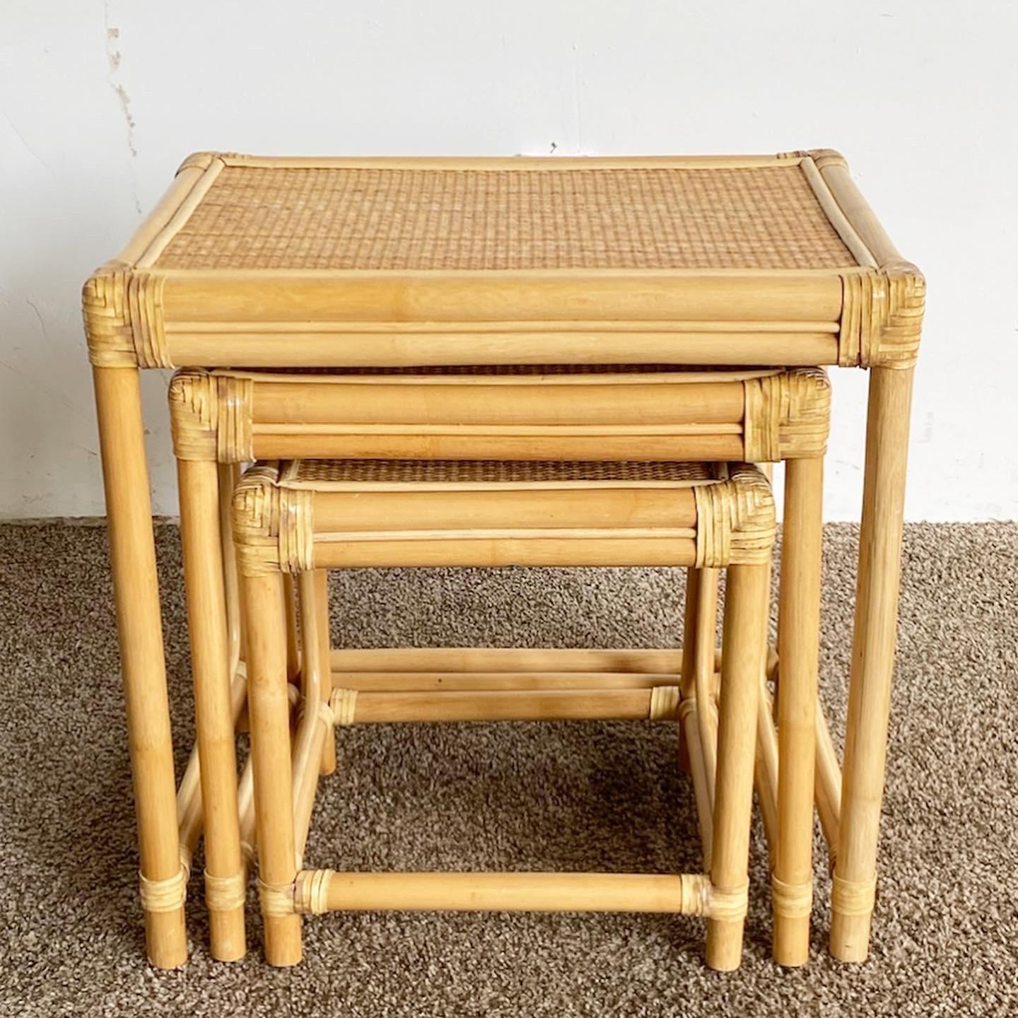 Boho Chic Bamboo Rattan and Wicker Nesting Tables - Set of 3 For Sale 4