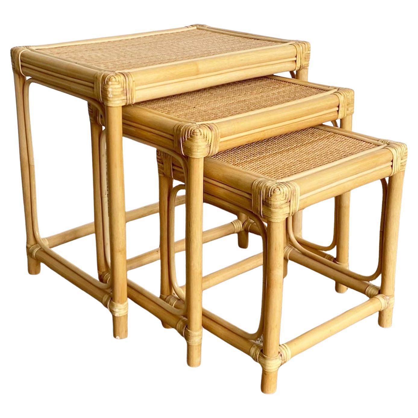 Boho Chic Bamboo Rattan and Wicker Nesting Tables, Set of 3 For Sale