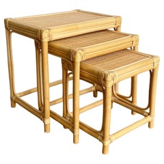 Retro Boho Chic Bamboo Rattan and Wicker Nesting Tables, Set of 3