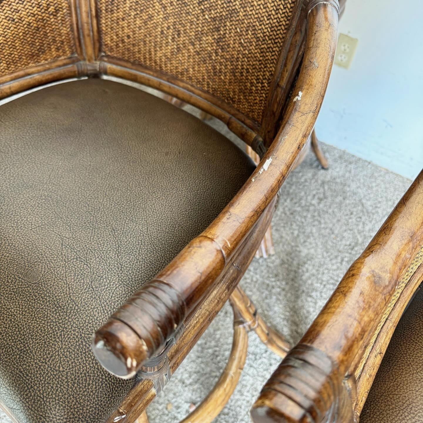 Philippine Boho Chic Bamboo Rattan and Wicker Swivel Stools - Set of 4