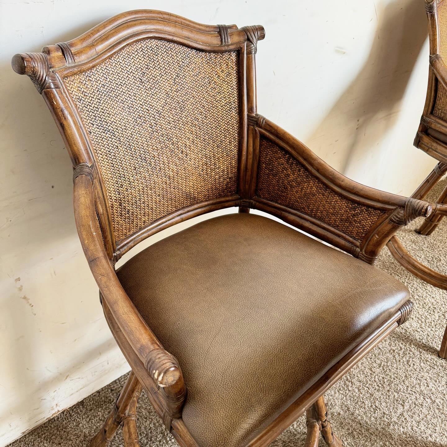Boho Chic Bamboo Rattan and Wicker Swivel Stools - Set of 4 In Good Condition In Delray Beach, FL