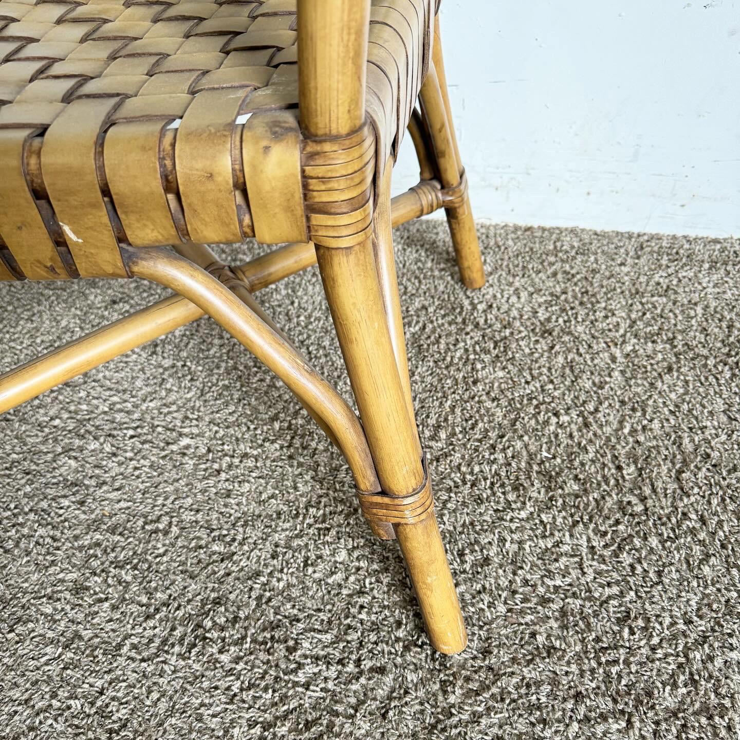 Bohemian Boho Chic Bamboo Rattan and Woven Leather Arm Dining Chair