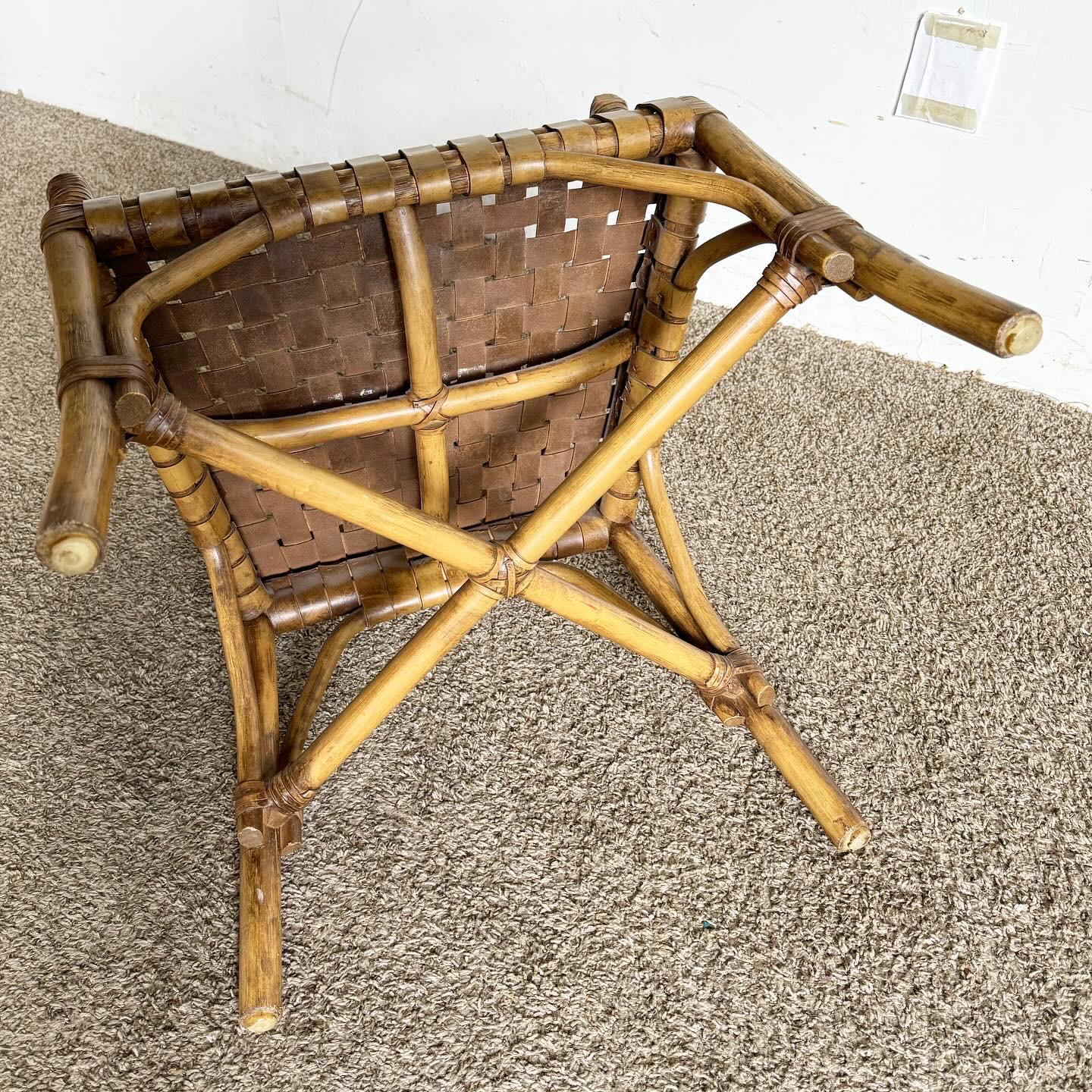 20th Century Boho Chic Bamboo Rattan and Woven Leather Arm Dining Chair