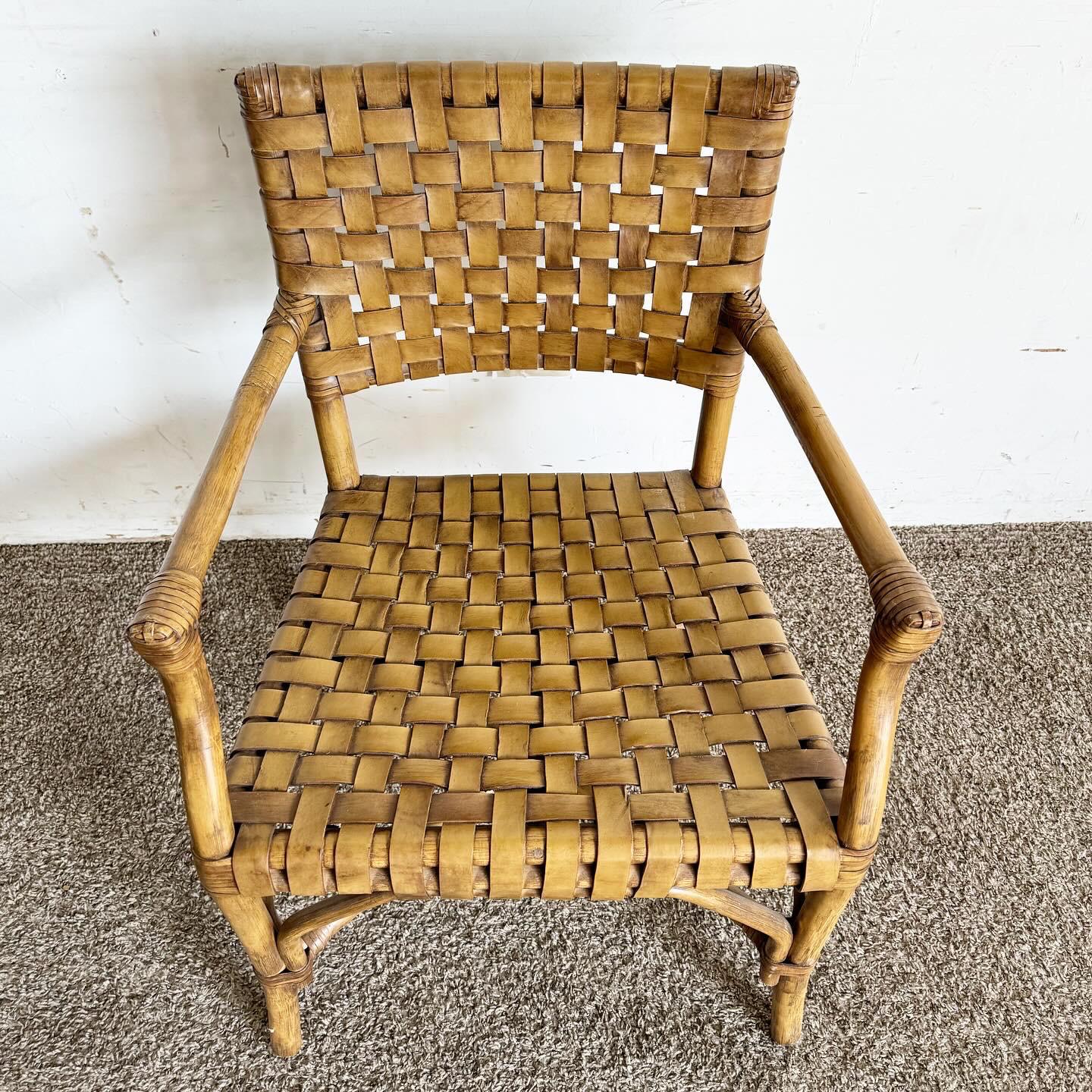 Boho Chic Bamboo Rattan and Woven Leather Arm Dining Chair 1