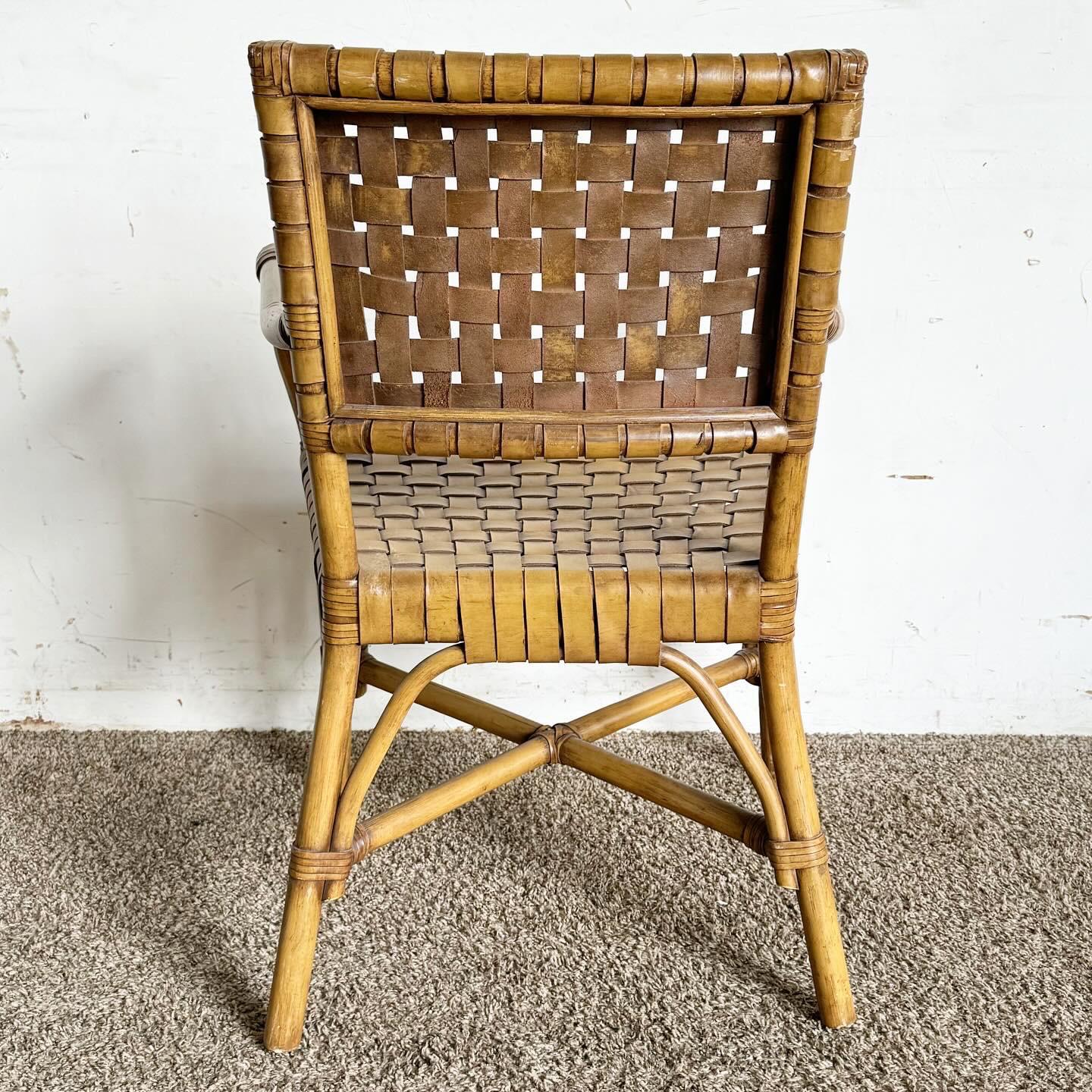 Boho Chic Bamboo Rattan and Woven Leather Arm Dining Chair 2